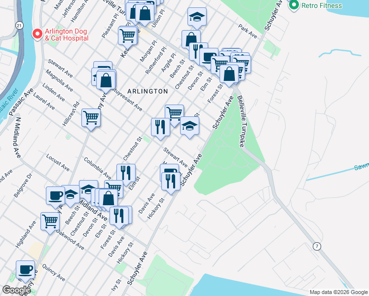map of restaurants, bars, coffee shops, grocery stores, and more near 24 Prospect Place in Kearny
