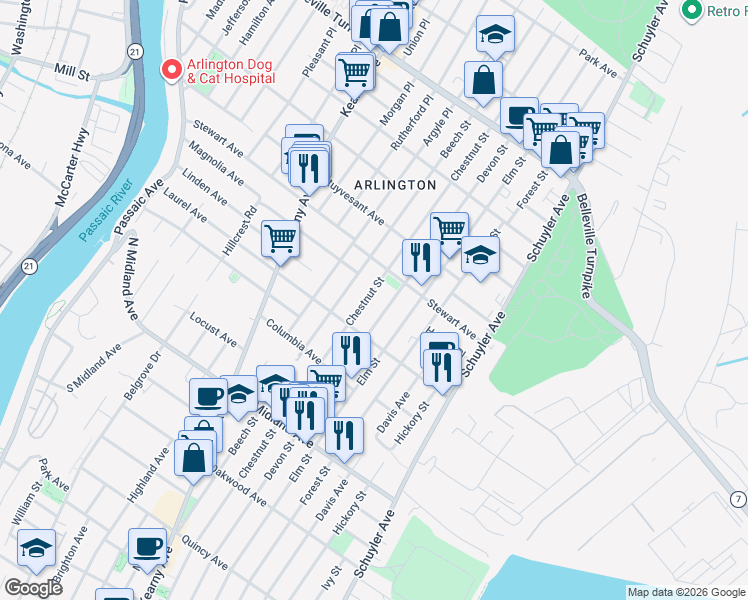 map of restaurants, bars, coffee shops, grocery stores, and more near 691 Devon Street in Kearny