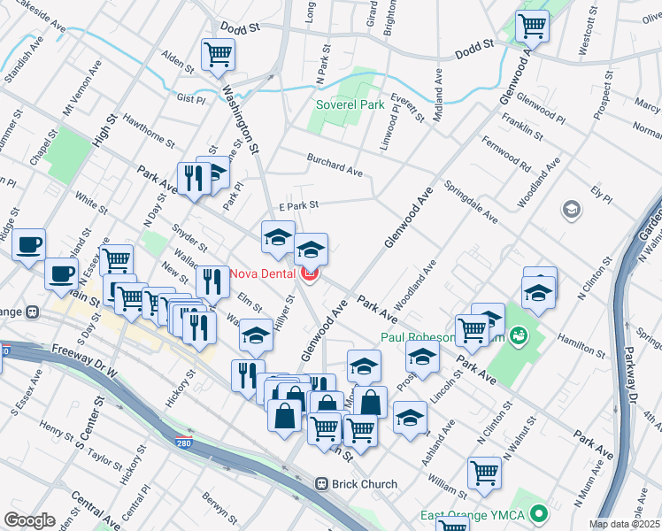 map of restaurants, bars, coffee shops, grocery stores, and more near 647 Park Avenue in East Orange
