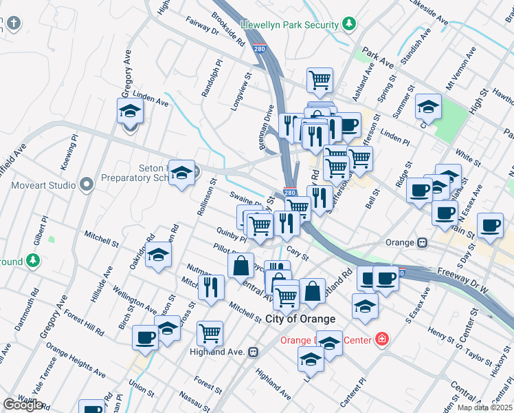 map of restaurants, bars, coffee shops, grocery stores, and more near 51 Riggs Place in West Orange