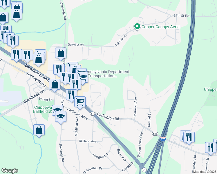 map of restaurants, bars, coffee shops, grocery stores, and more near 130 Rama Road in Beaver Falls