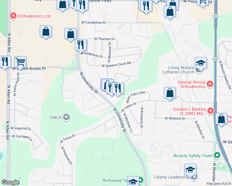 map of restaurants, bars, coffee shops, grocery stores, and more near 6926 North University Street in Peoria