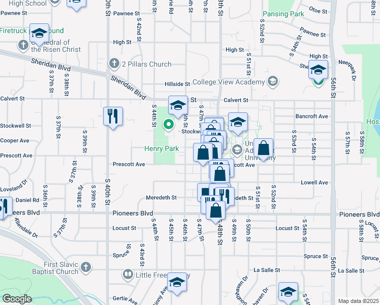 map of restaurants, bars, coffee shops, grocery stores, and more near 3943 South 46th Street in Lincoln