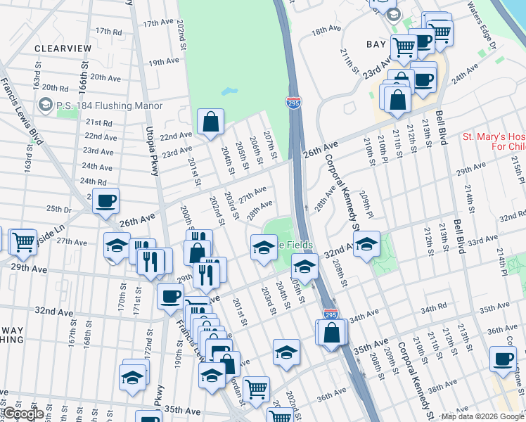 map of restaurants, bars, coffee shops, grocery stores, and more near 204-03 29th Avenue in Queens