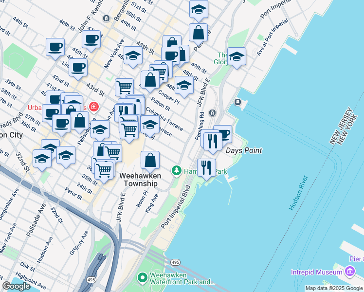 map of restaurants, bars, coffee shops, grocery stores, and more near 829 Boulevard East in Weehawken