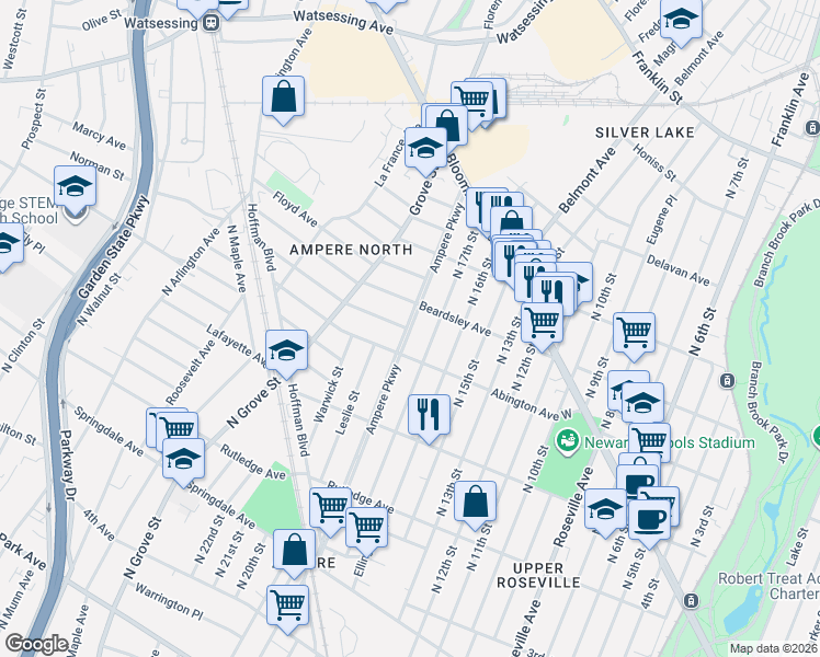 map of restaurants, bars, coffee shops, grocery stores, and more near 188 North 17th Street in Bloomfield