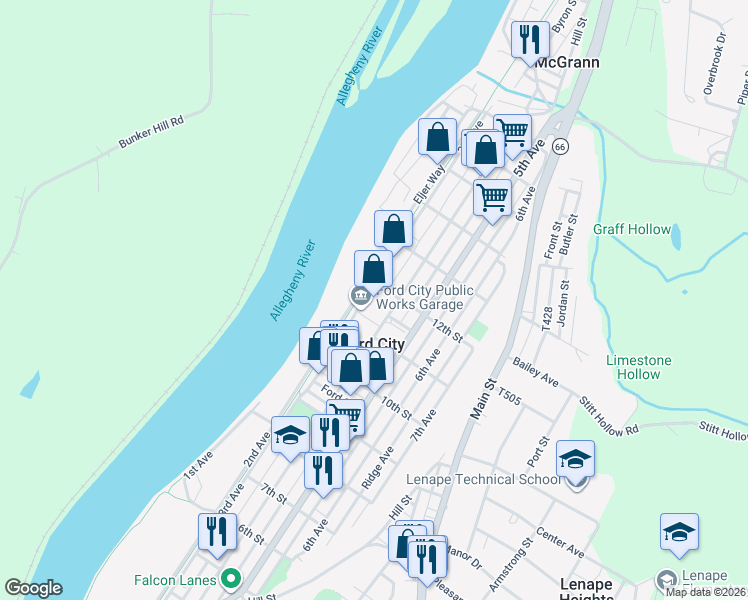 map of restaurants, bars, coffee shops, grocery stores, and more near in Ford City