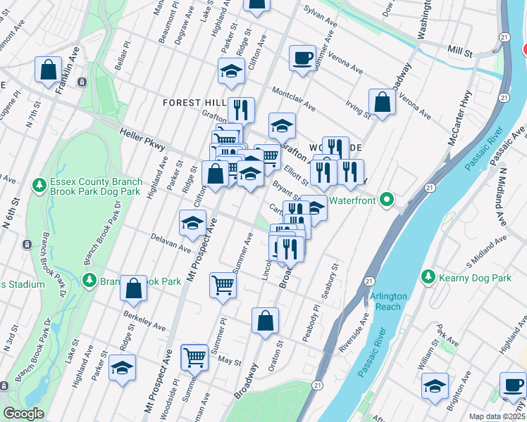 map of restaurants, bars, coffee shops, grocery stores, and more near 645 Summer Avenue in Newark