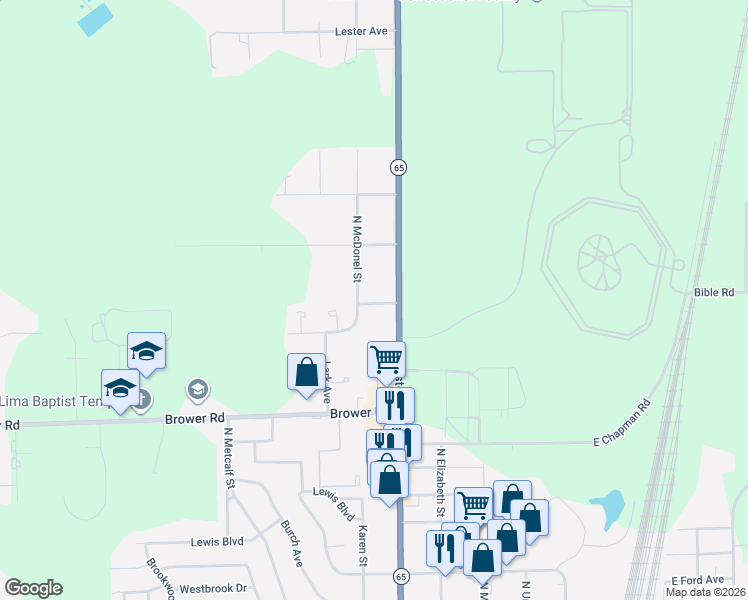 map of restaurants, bars, coffee shops, grocery stores, and more near 2421 N West St in Lima