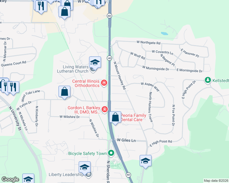 map of restaurants, bars, coffee shops, grocery stores, and more near 7020-7098 North Knoxville Avenue in Peoria