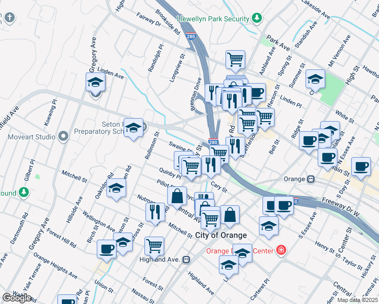 map of restaurants, bars, coffee shops, grocery stores, and more near in West Orange