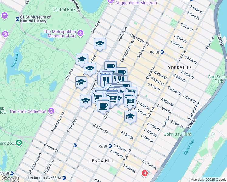 map of restaurants, bars, coffee shops, grocery stores, and more near 170 East 78th Street in New York