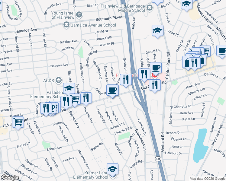 map of restaurants, bars, coffee shops, grocery stores, and more near 6 Stauber Drive in Plainview