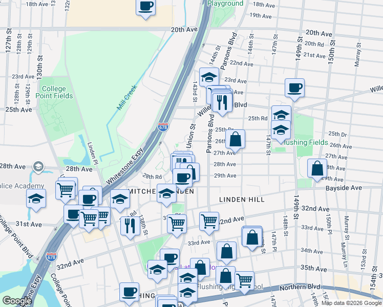 map of restaurants, bars, coffee shops, grocery stores, and more near 26-21 Union Street in Queens