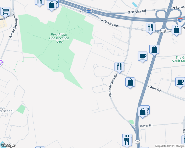 map of restaurants, bars, coffee shops, grocery stores, and more near 17 Northgate Circle in Melville