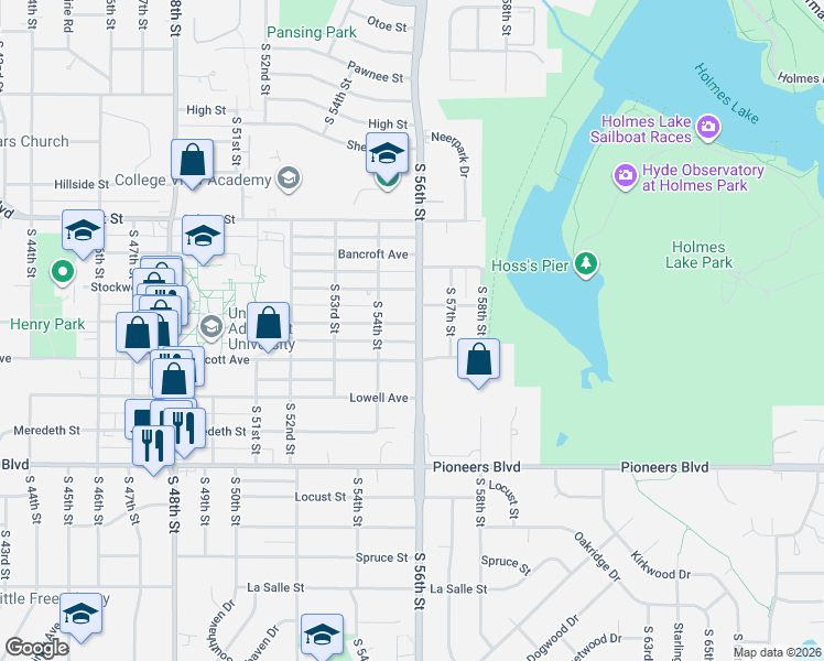 map of restaurants, bars, coffee shops, grocery stores, and more near 5500 Prescott Avenue in Lincoln