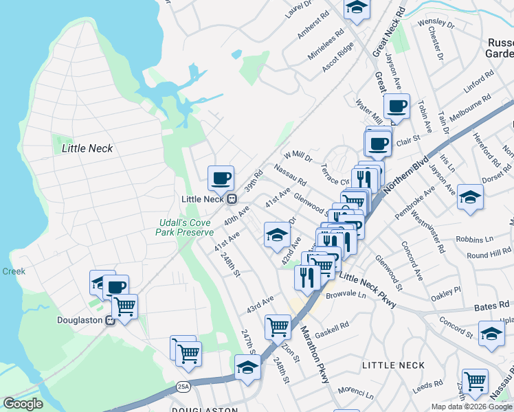 map of restaurants, bars, coffee shops, grocery stores, and more near 254-21 40th Avenue in Queens