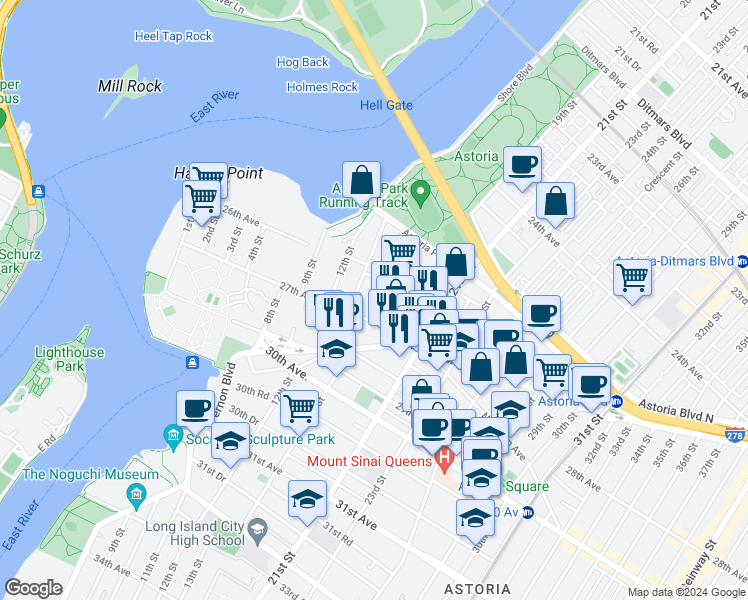 map of restaurants, bars, coffee shops, grocery stores, and more near 25-54 14th Place in Queens
