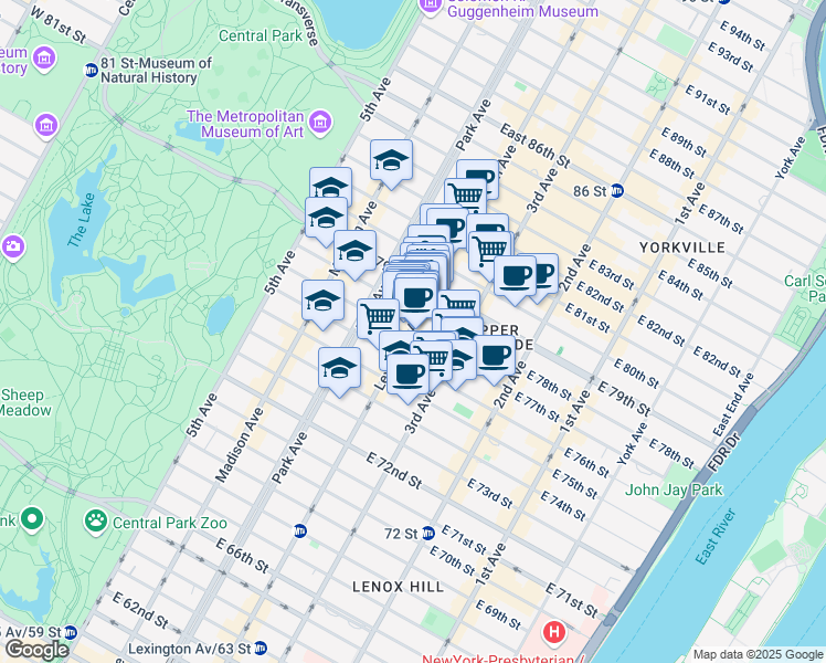 map of restaurants, bars, coffee shops, grocery stores, and more near 1103 Lexington Avenue in New York