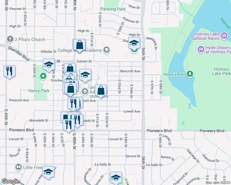 map of restaurants, bars, coffee shops, grocery stores, and more near 5239 Cooper Avenue in Lincoln