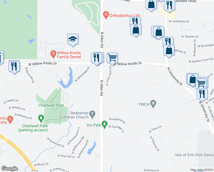 map of restaurants, bars, coffee shops, grocery stores, and more near 7127 North Terra Vista Drive in Peoria