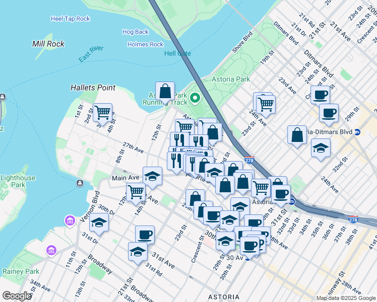 map of restaurants, bars, coffee shops, grocery stores, and more near 18-16 25th Road in Queens