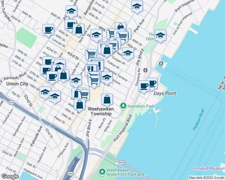 map of restaurants, bars, coffee shops, grocery stores, and more near 43 Clifton Terrace in Weehawken