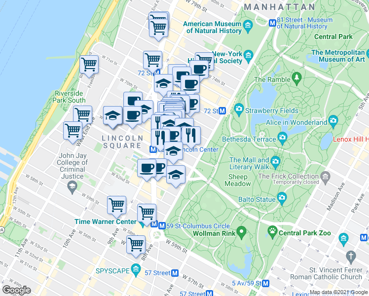 map of restaurants, bars, coffee shops, grocery stores, and more near 17 West 67th Street in New York