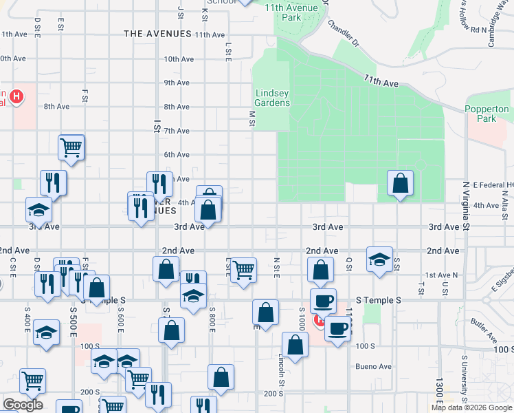 map of restaurants, bars, coffee shops, grocery stores, and more near 186 M Street in Salt Lake City