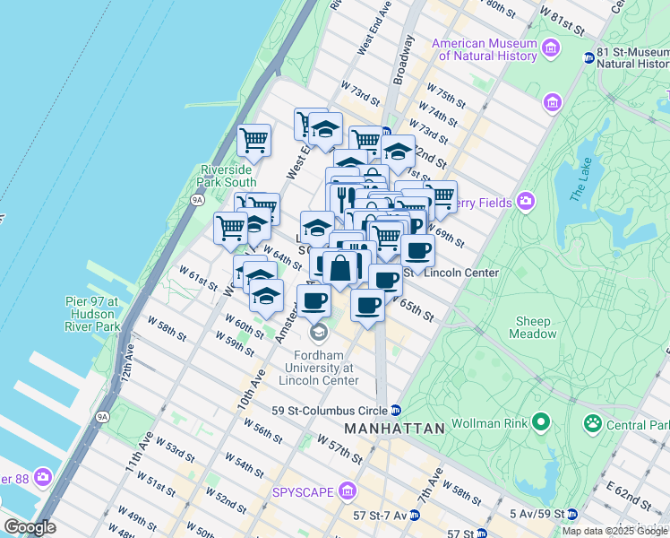 map of restaurants, bars, coffee shops, grocery stores, and more near 150 West 65th Street in New York