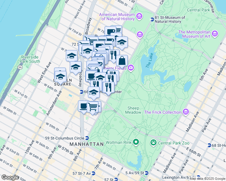 map of restaurants, bars, coffee shops, grocery stores, and more near 74 Central Park West in New York
