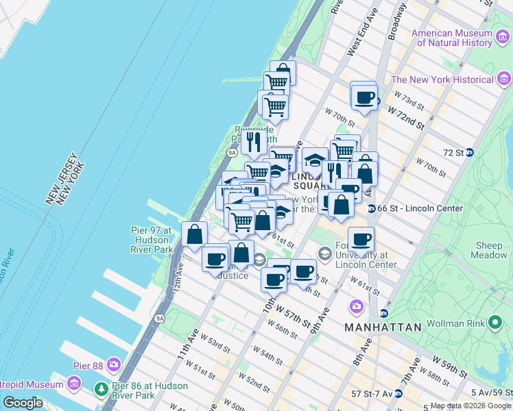 map of restaurants, bars, coffee shops, grocery stores, and more near 75 West 63rd Street in New York