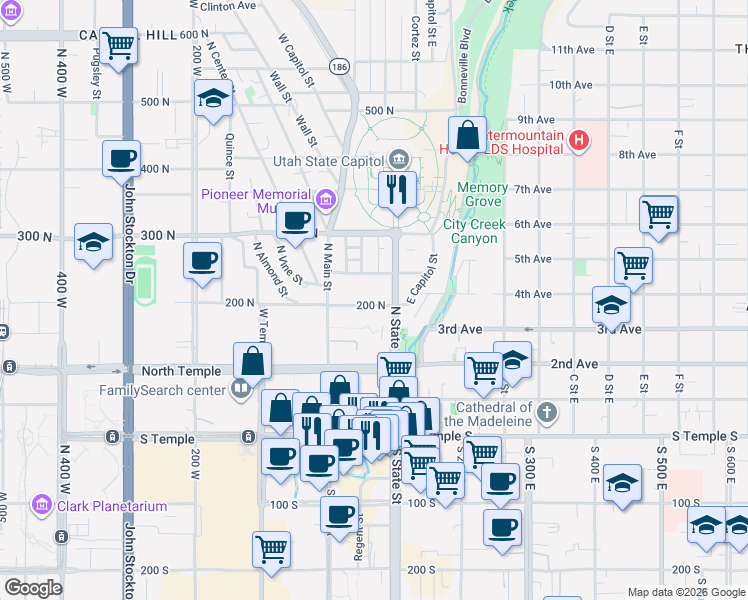 map of restaurants, bars, coffee shops, grocery stores, and more near 55 East 200 North in Salt Lake City