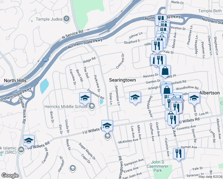 map of restaurants, bars, coffee shops, grocery stores, and more near 196 Nassau Drive in Albertson
