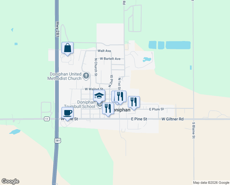 map of restaurants, bars, coffee shops, grocery stores, and more near 208 North 1st Street in Doniphan