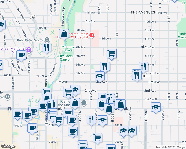 map of restaurants, bars, coffee shops, grocery stores, and more near 188 North Center Street in Salt Lake City