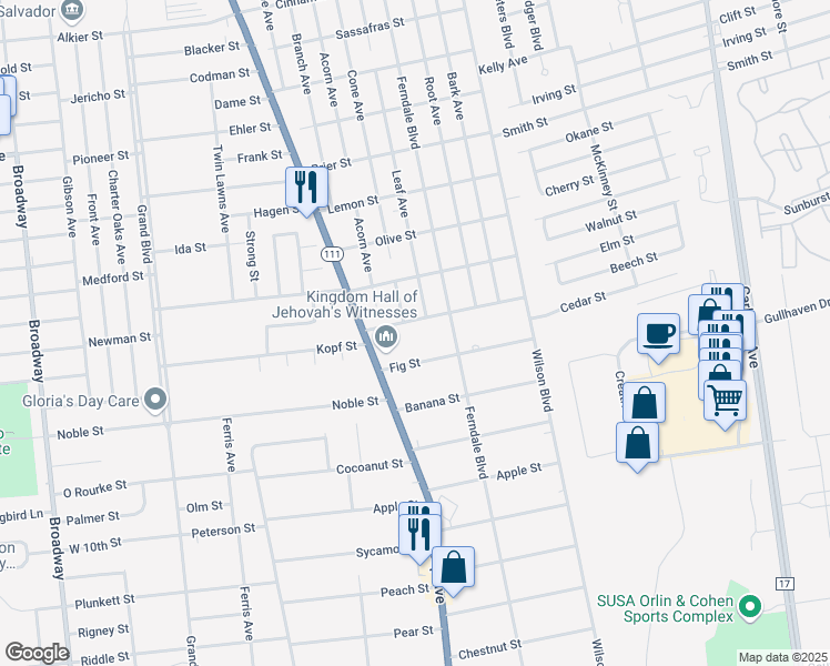 map of restaurants, bars, coffee shops, grocery stores, and more near 1 Cone Avenue in Central Islip