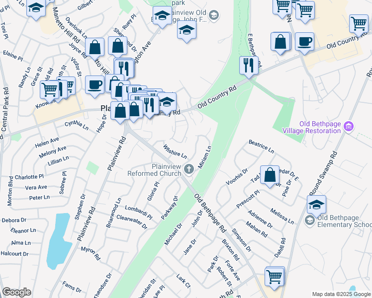 map of restaurants, bars, coffee shops, grocery stores, and more near 28 Fresno Drive in Plainview