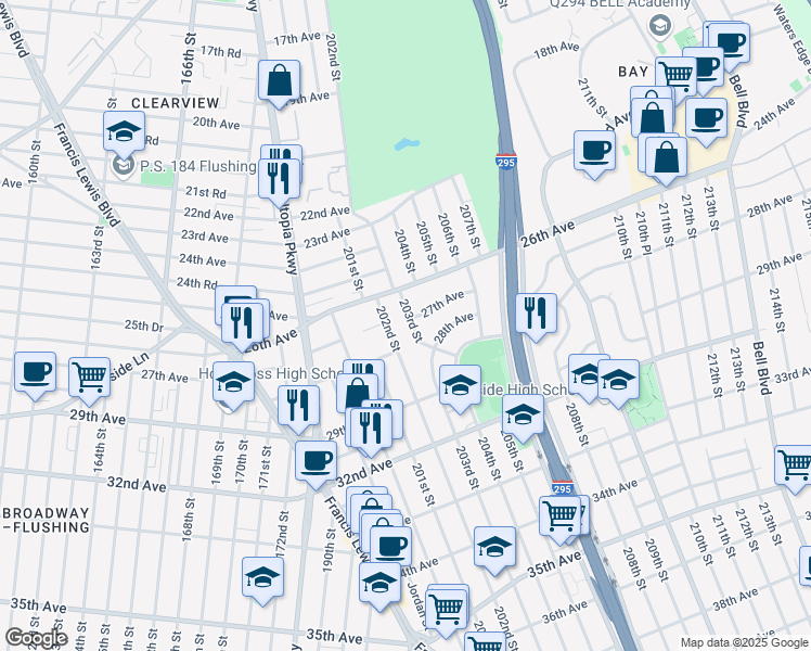 map of restaurants, bars, coffee shops, grocery stores, and more near 203-21 27th Avenue in Queens