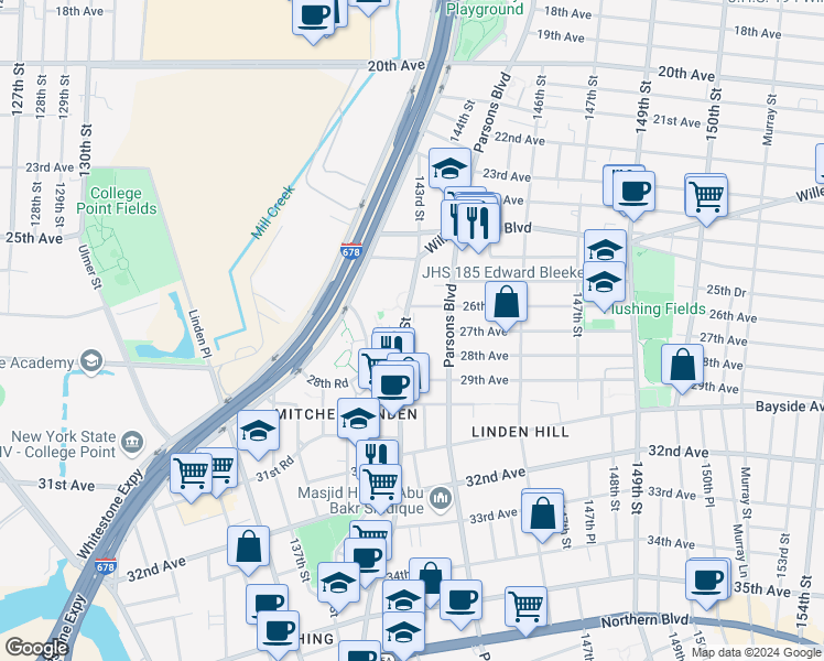 map of restaurants, bars, coffee shops, grocery stores, and more near 142-20 26th Avenue in Queens