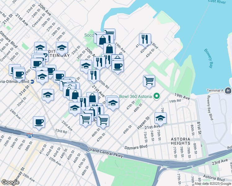map of restaurants, bars, coffee shops, grocery stores, and more near 20-28 43rd Street in Queens