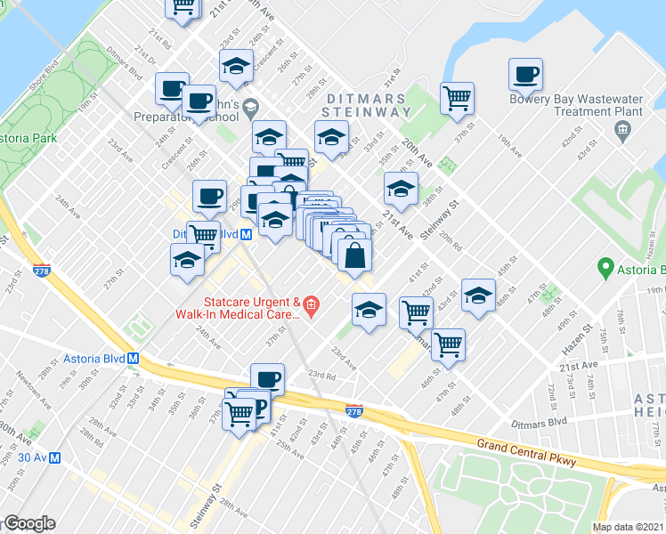 map of restaurants, bars, coffee shops, grocery stores, and more near in Queens