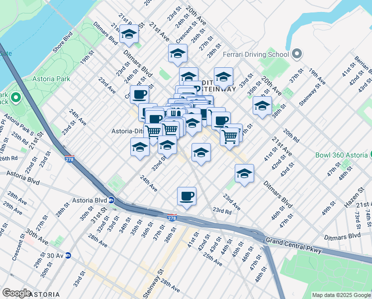 map of restaurants, bars, coffee shops, grocery stores, and more near 22-48 33rd Street in Queens