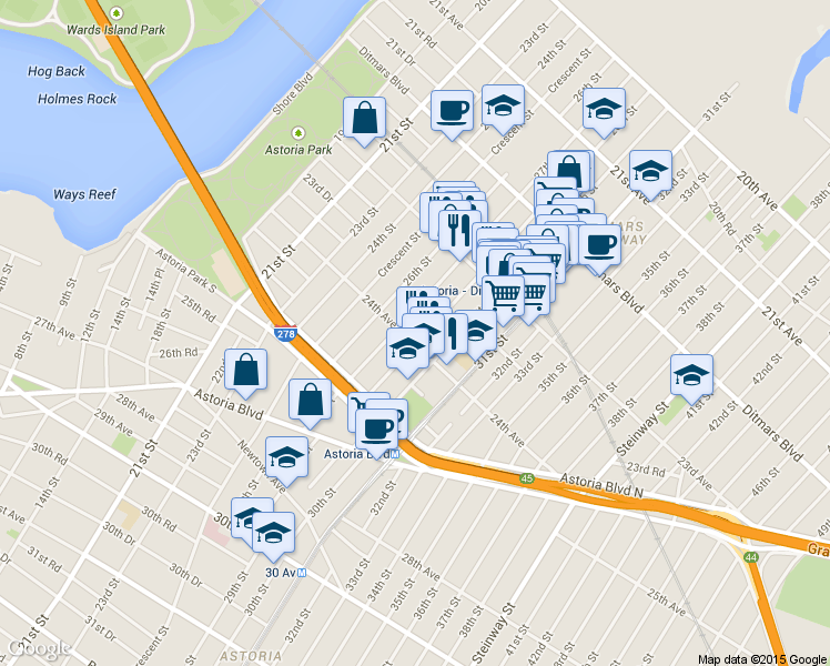 map of restaurants, bars, coffee shops, grocery stores, and more near 23-71 27th Street in Queens