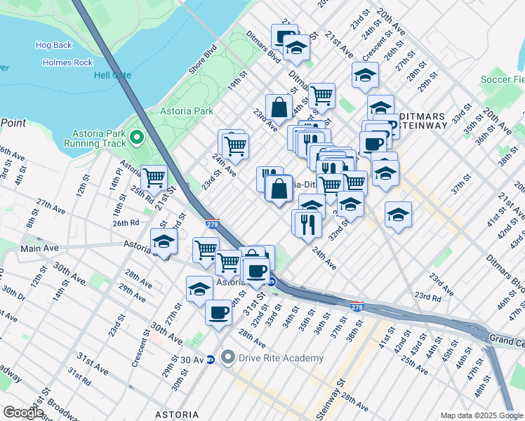 map of restaurants, bars, coffee shops, grocery stores, and more near 23-90 26th Street in Queens