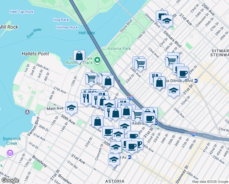 map of restaurants, bars, coffee shops, grocery stores, and more near 21-20 Hoyt Avenue South in Queens