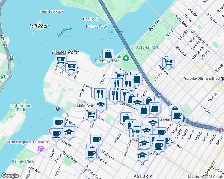 map of restaurants, bars, coffee shops, grocery stores, and more near 25-54 14th Place in Queens