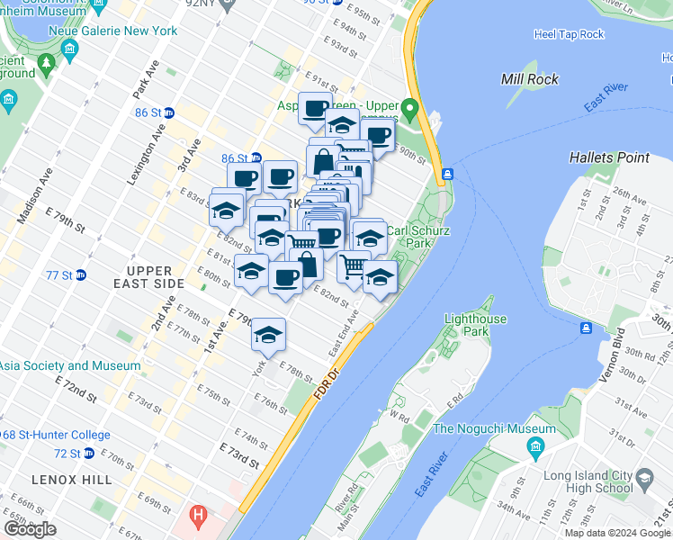 map of restaurants, bars, coffee shops, grocery stores, and more near 519 East 84th Street in New York
