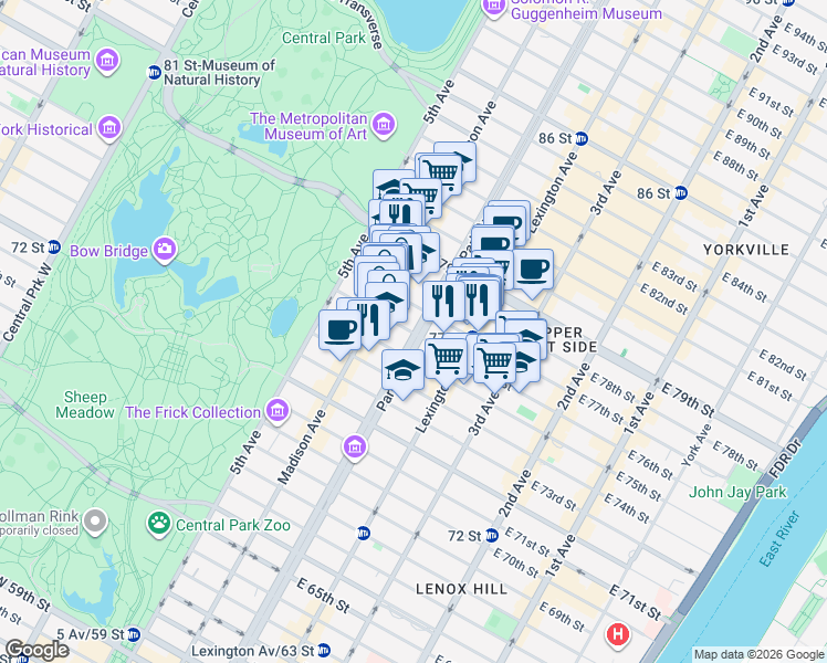 map of restaurants, bars, coffee shops, grocery stores, and more near 80 East 77th Street in New York