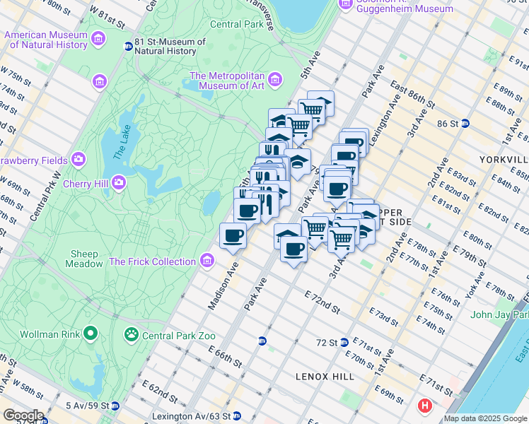 map of restaurants, bars, coffee shops, grocery stores, and more near 974 Madison Avenue in New York